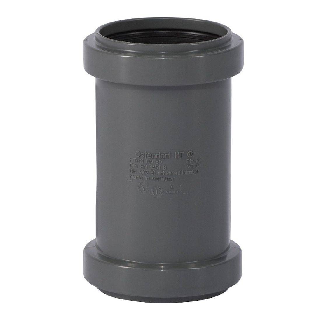 Eine graue zylindrische Kunststoffverbindung, die für die Sanitärtechnik verwendet wird, mit Spezifikationen gekennzeichnet und zwei breiteren Enden zur Verbindung.