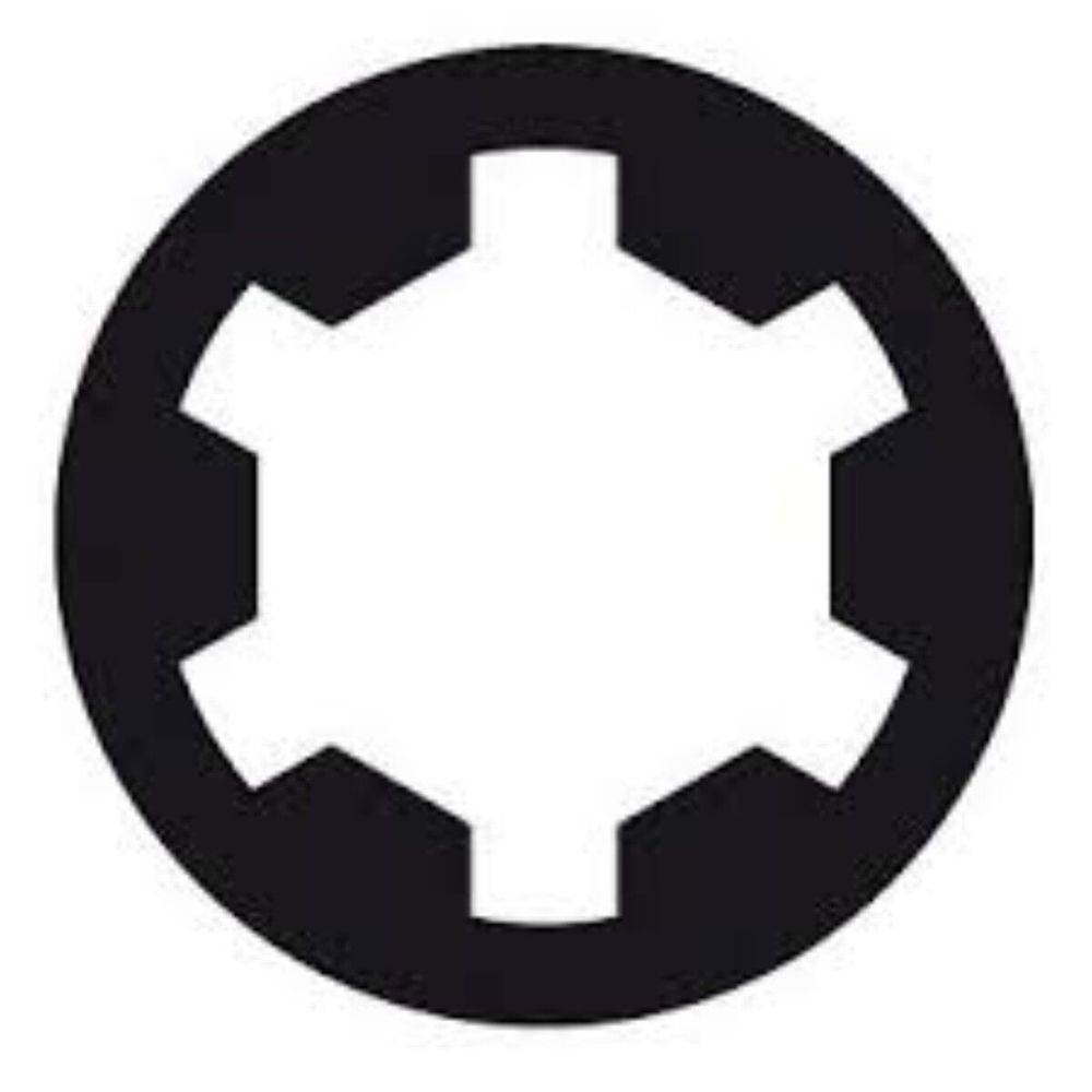 Ein schwarzer Kreis mit einem zahnradähnlichen weißen Muster im Inneren, das einem technischen oder mechanischen Symbol ähnelt.