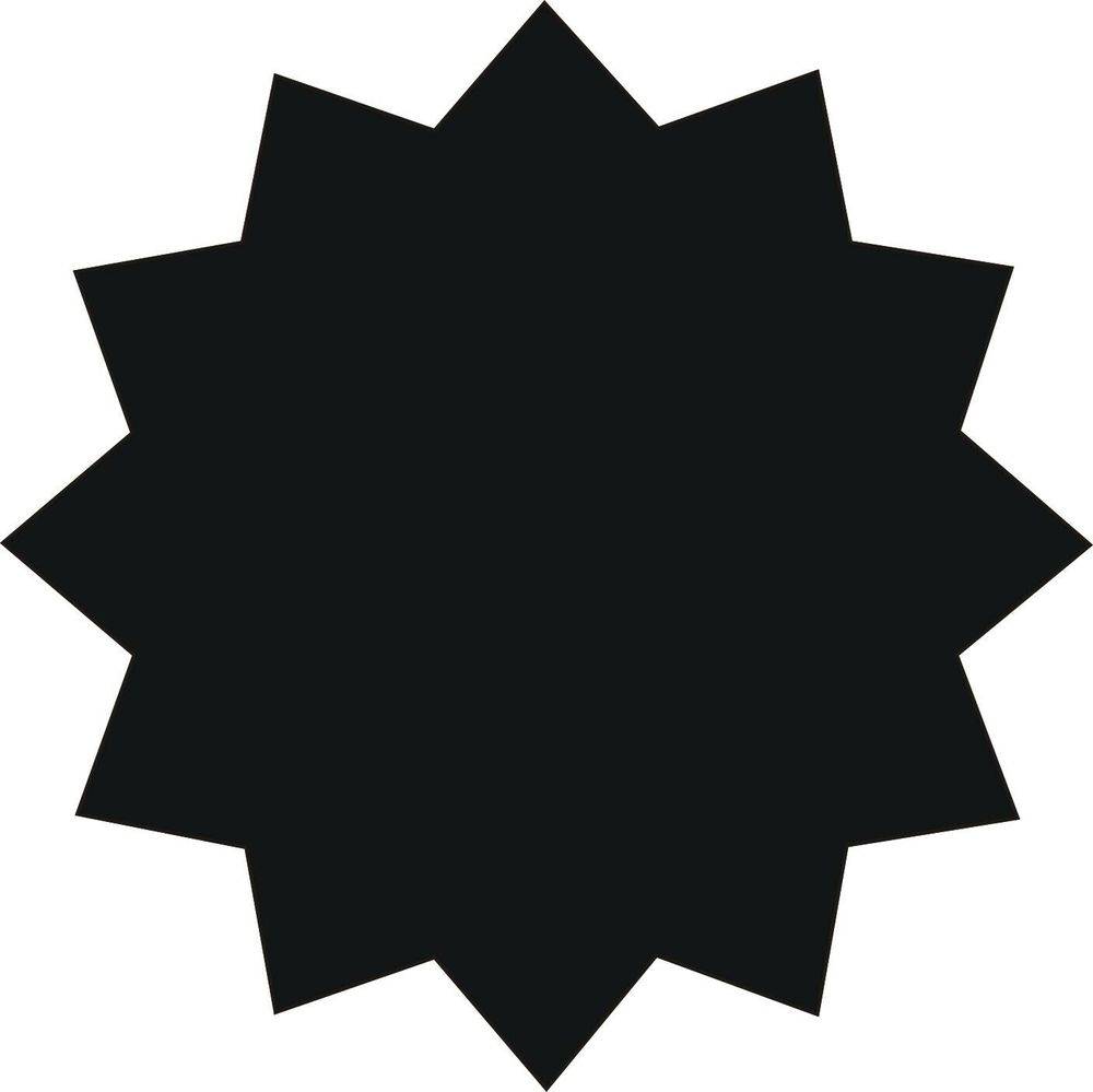 Schwarzer zwölfzackiger Stern auf weißem Hintergrund.