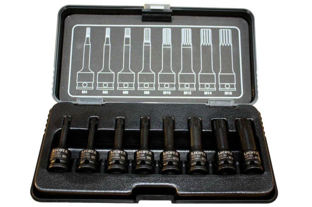 Ein Satz schwarzer Steckschlüssel in einem Koffer. Der Deckel zeigt beschriftete Umrisse für die korrekte Platzierung, mit Größen von M4 bis M16.