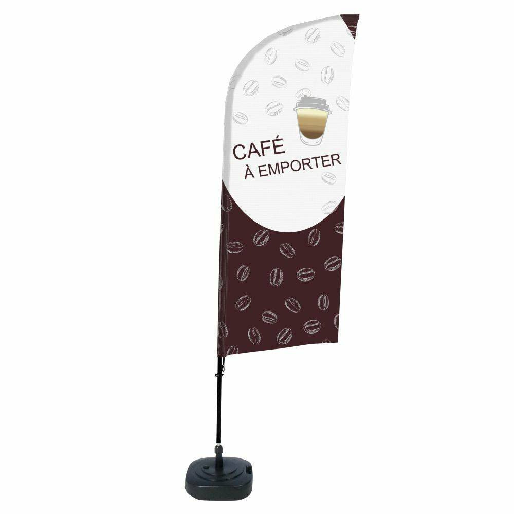 Ein Banner mit einem Kaffeetassenmuster und Kaffeebohnen trägt die Aufschrift „Café à emporter