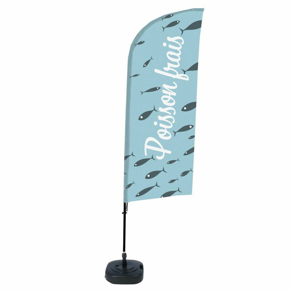 Eine blaue Flagge mit Fischillustrationen und dem Text „Poisson frais