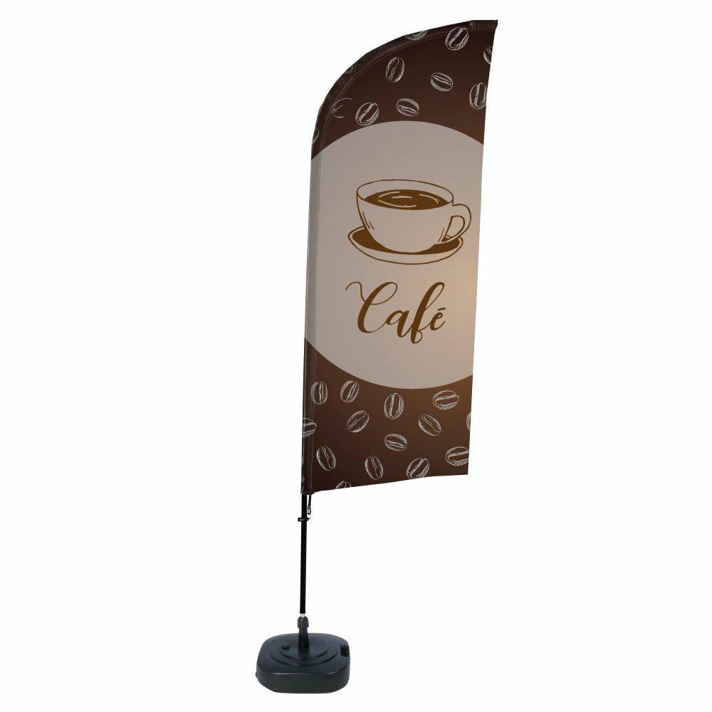 Eine hohe Flaggenbanner mit einer Kaffeetasse-Illustration und dem Wort 