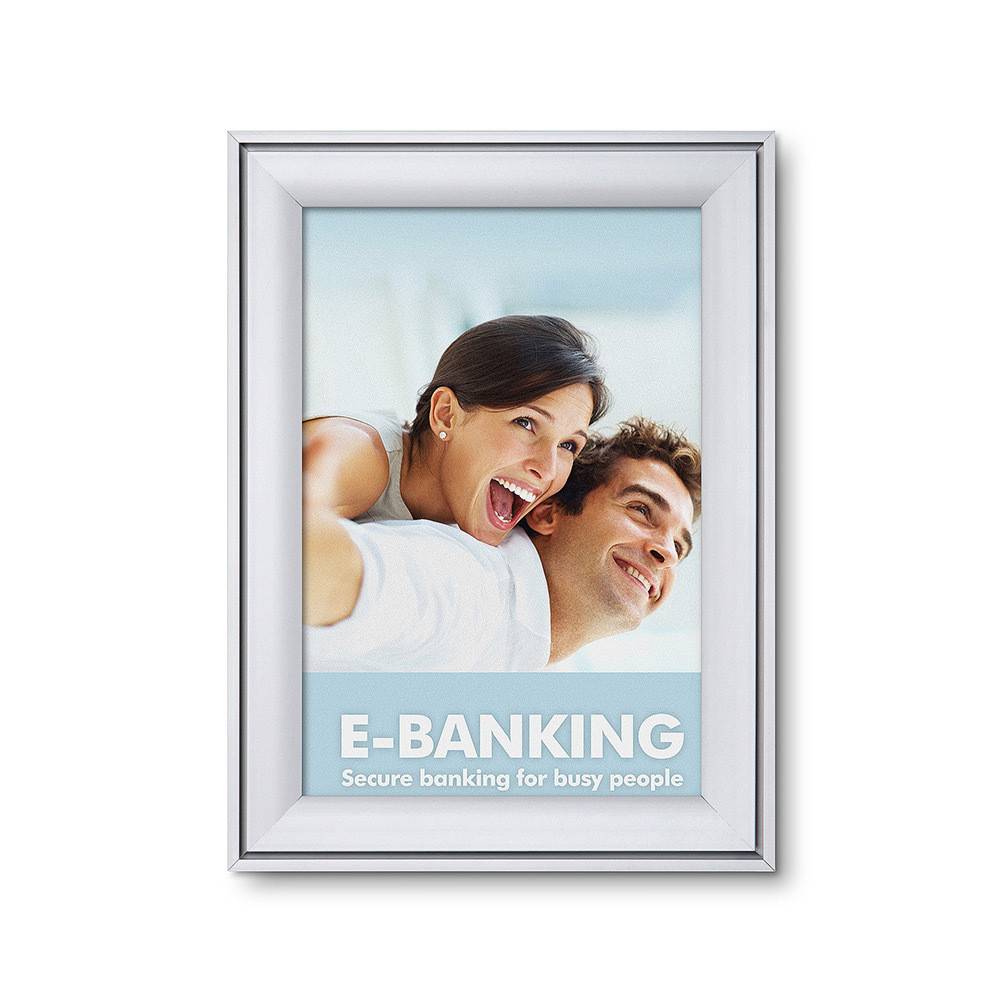 Werbeanzeige mit einem glücklichen Paar und Text „E-BANKING Sicheres Bankgeschäft für vielbeschäftigte Menschen
