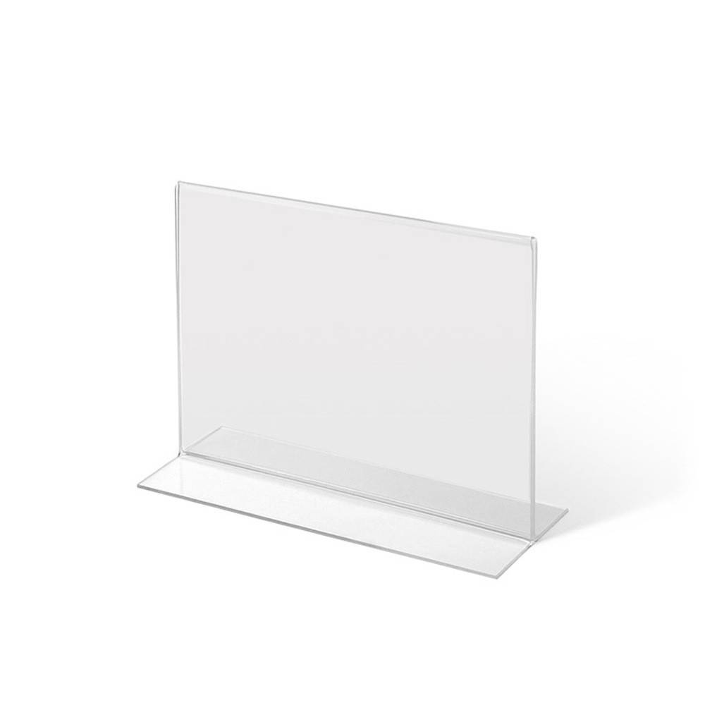 Ein klares, freistehendes Acryl-Schilderhalter mit flacher Basis, entworfen zum Anzeigen von Beschilderung oder Informationsblättern in Hochformat-Ausrichtung.