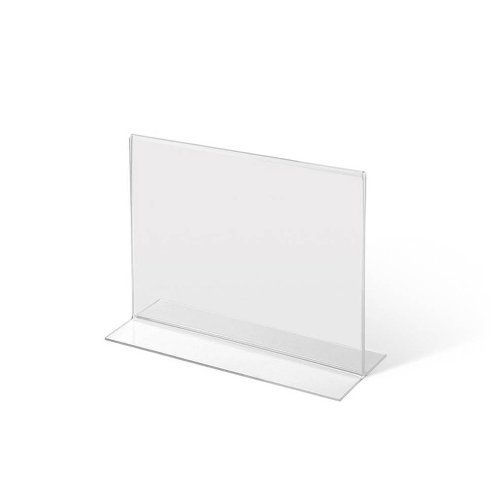 Ein transparenter Acrylschild mit geneigtem Sockel ist zur aufrechten Präsentation von Druckmaterialien auf einer ebenen Fläche konzipiert.