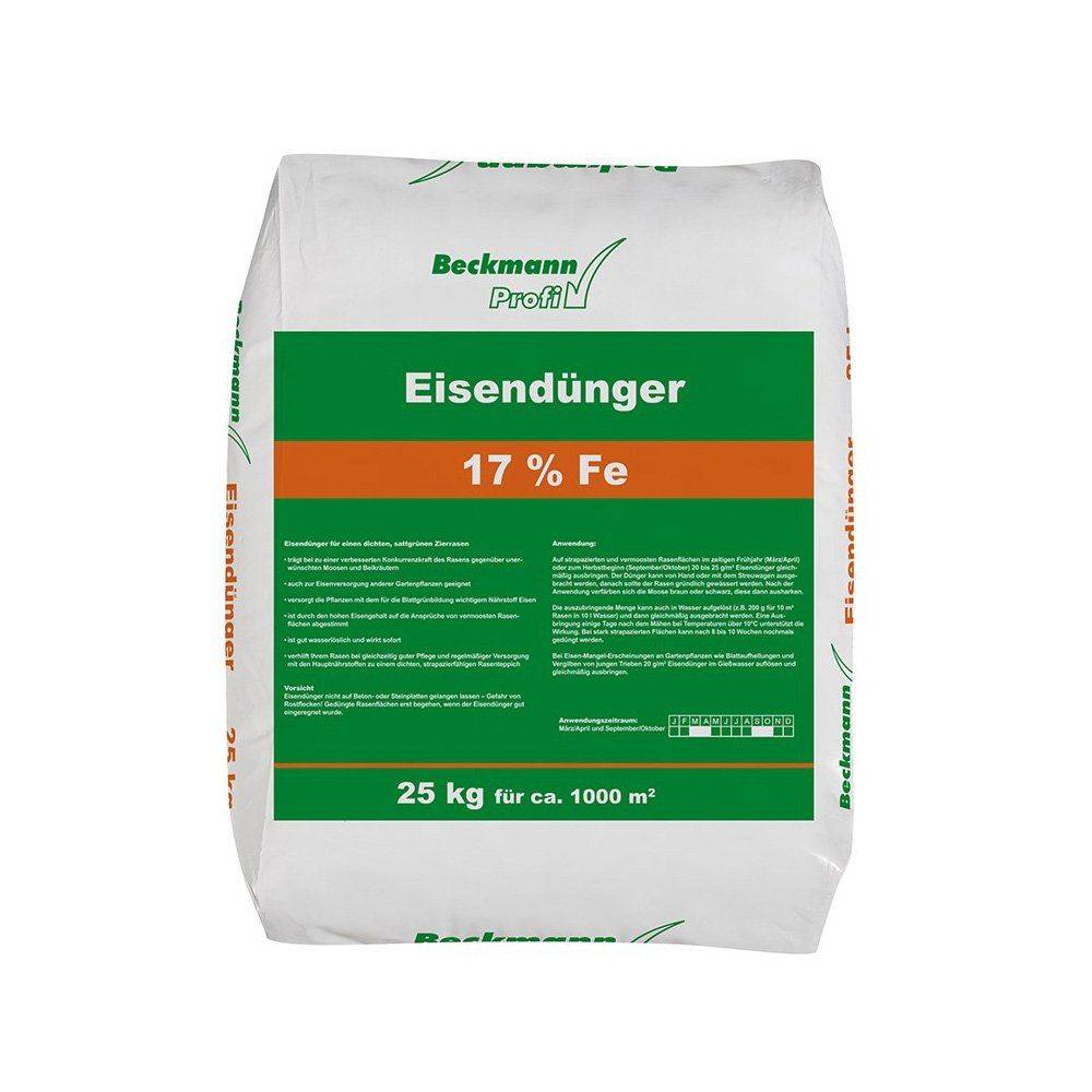 Weiße Verpackung von 'Eisendünger 17% Fe' von Beckmann Profi, 25 kg für ca. 1000 m². Enthält Produktdetails und Gebrauchsanweisungen.