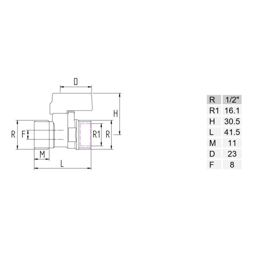 Technisches Diagramm einer Rohrverschraubung mit Abmessungen: 1/2 Zoll Durchmesser, R1 16,1, H 30,5, L 41, M 11, D 23, F 8.