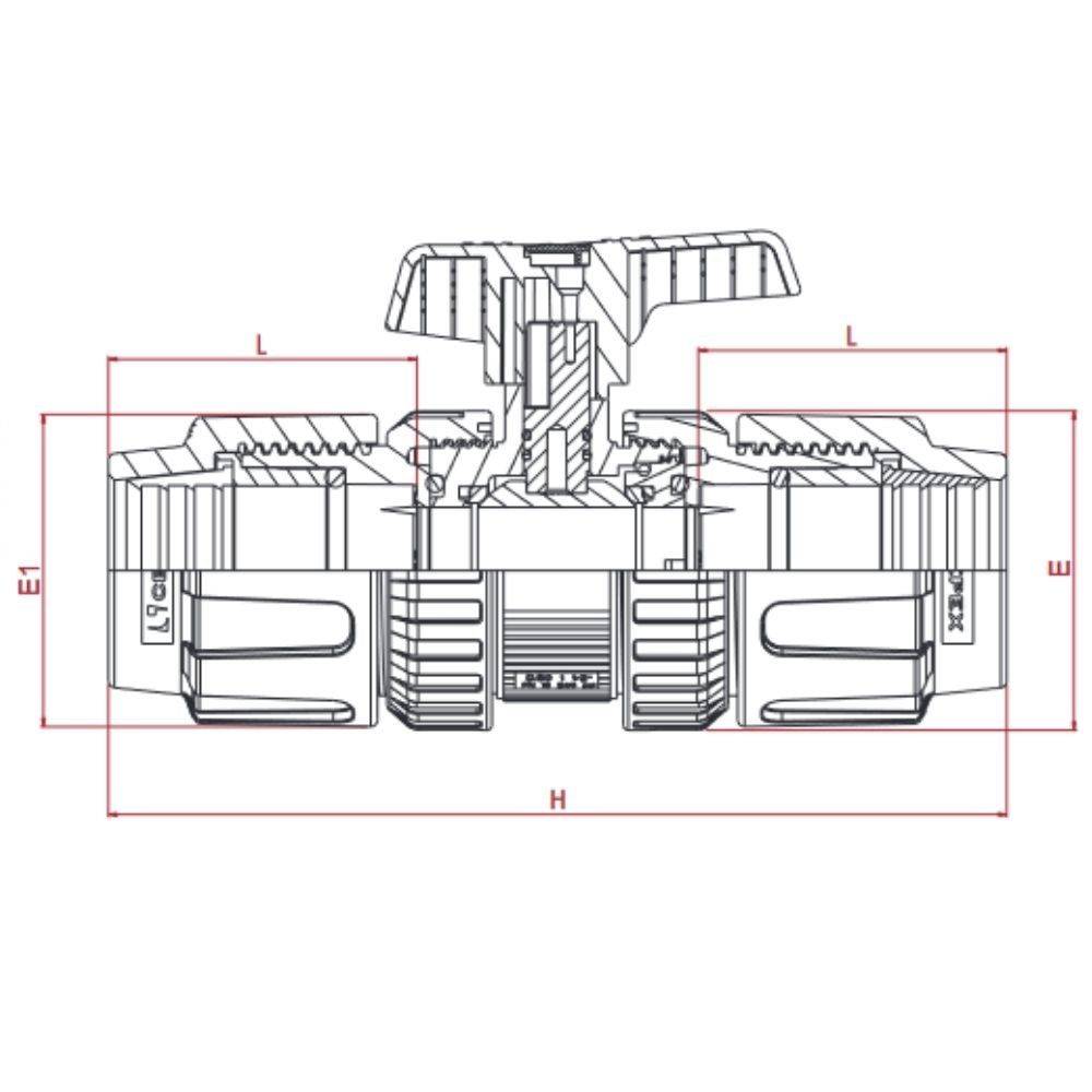 Technische Zeichnung eines mechanischen Bauteils mit beschrifteten Abmessungen 'L', 'E', 'E1', 'H'. Komplexe Struktur mit komplizierten Teilen.