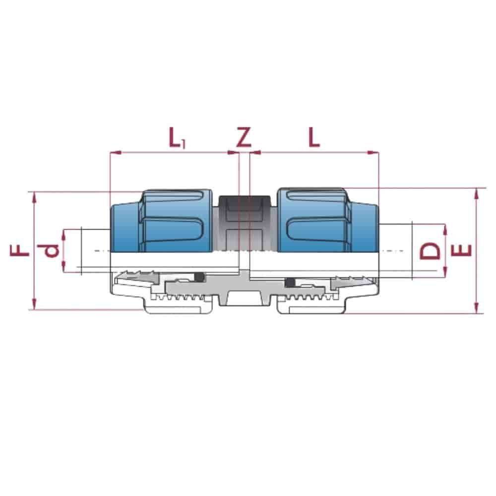 Ein technisches Diagramm einer Kupplung mit beschrifteten Messungen: F, d, D, L, L1, Z, E, die Abmessungen und Struktur zeigen.