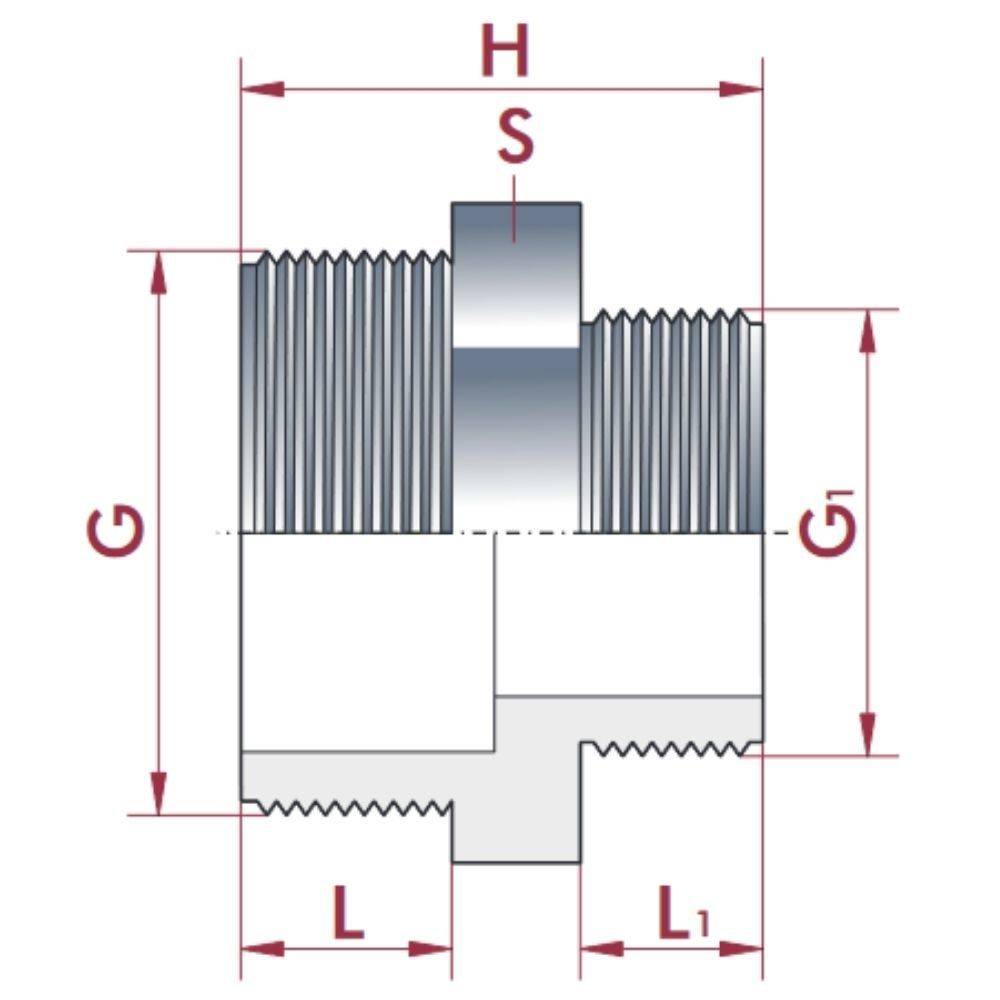 Ein Querschnitt-Technisches Diagramm, das einen Gewindeverbinder zeigt, beschriftet mit Abmessungen: Höhe 