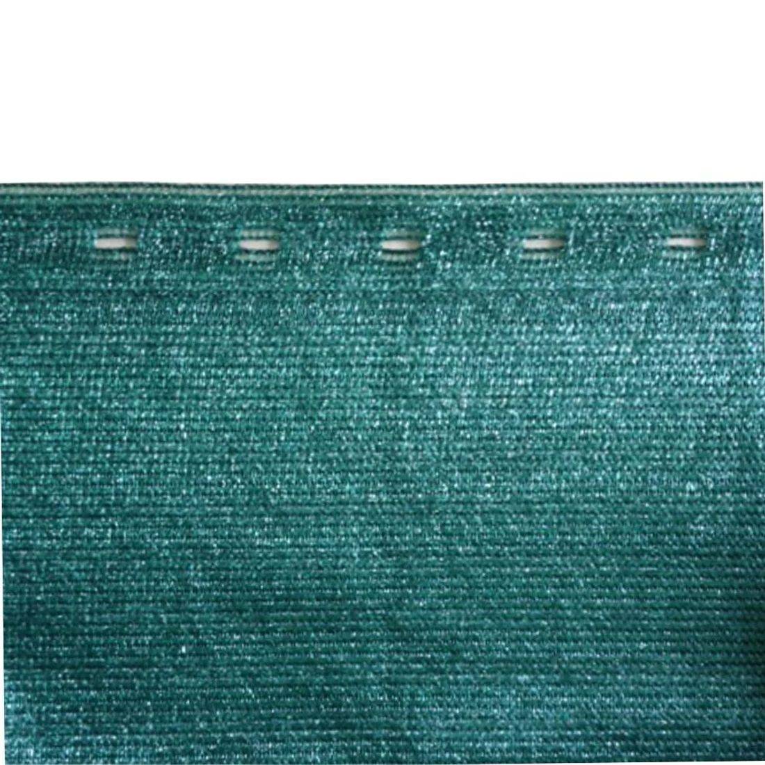 Eine Nahaufnahme von grünem gewebtem Stoff mit Metallösen entlang der oberen Kante, typischerweise für Schatten- oder Sichtschutzschirme im Freien verwendet.