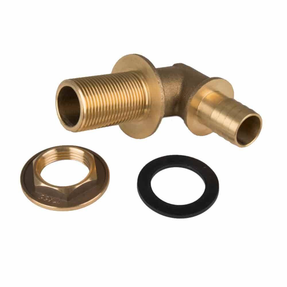 Messingbogenleitungsarmatur mit Gewindeverbindungen an beiden Enden, begleitet von einer Sechskantmutter und einer Gummidichtung daneben.
