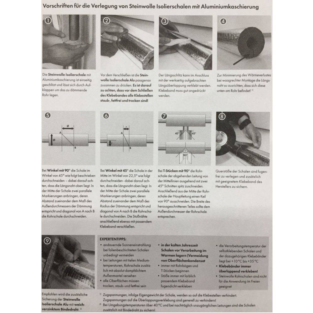 Anleitung zur Verlegung von Steinwolle-Isolierschalen mit Aluminiumverkleidung. Diagramme und Tipps zur korrekten Installation.