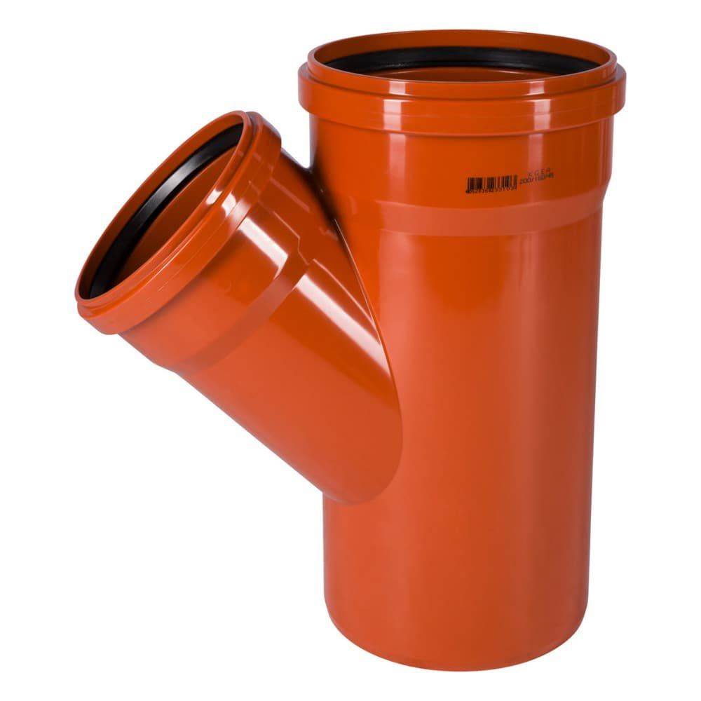 Orangefarbenes Kunststoffrohrverbindungsstück, Y-förmig, mit zwei Öffnungen in Winkeln, verwendet für Sanitär- oder Entwässerungssysteme.