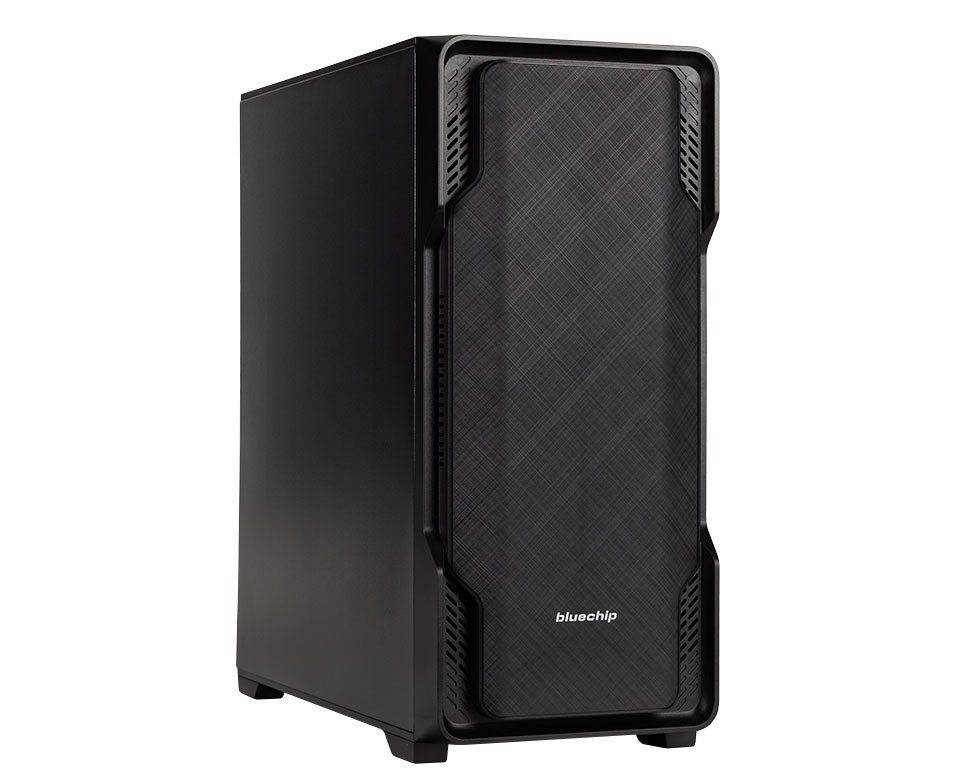 Ein schwarzer Desktop-Computer-Tower mit „bluechip