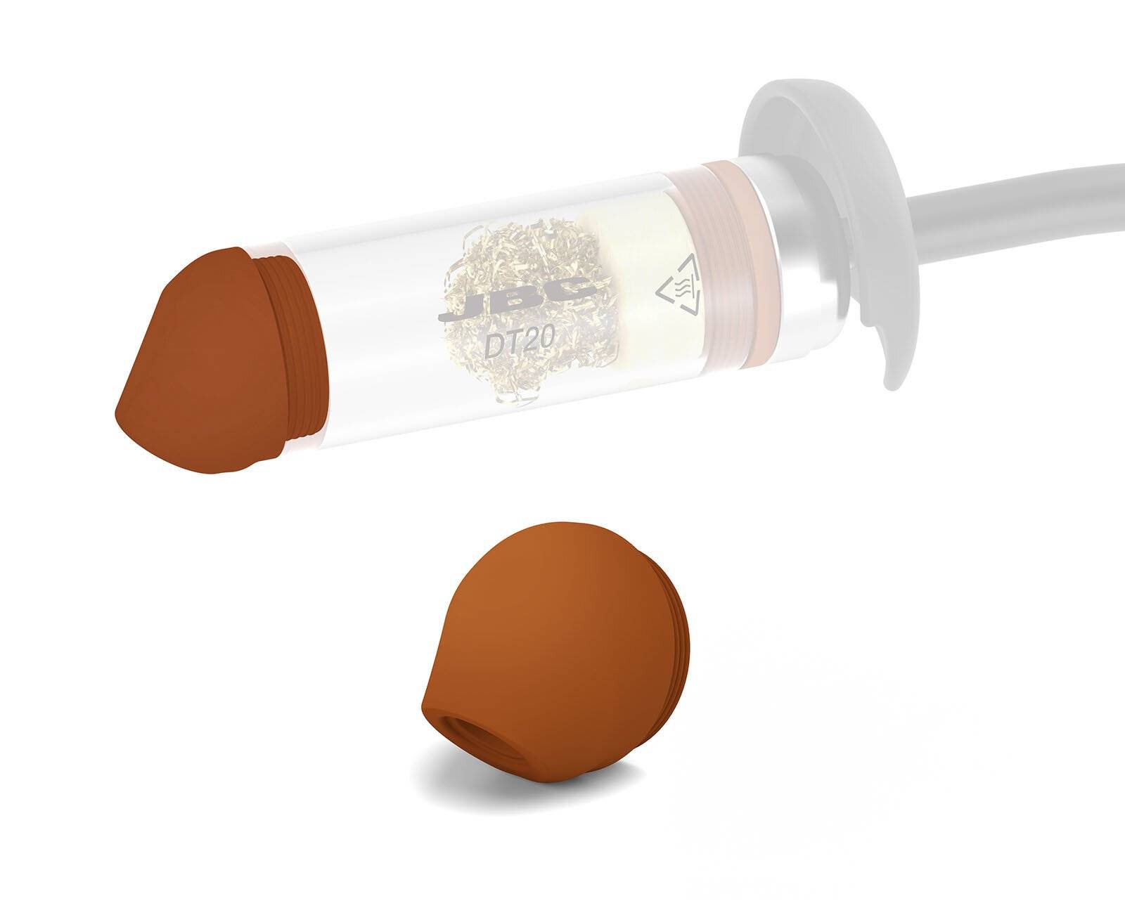 Eine braune Silikonkappe neben einem spritzenähnlichen Gerät mit einer transparenten Kammer, die körniges Material enthält und mit „DT20