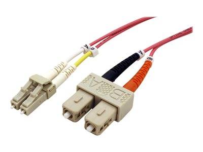 Glasfaserkabel mit Steckverbindern, bestehend aus zwei LC-Steckverbindern und zwei SC-Steckverbindern. Die Kabel sind rot, schwarz, orange und gelb.