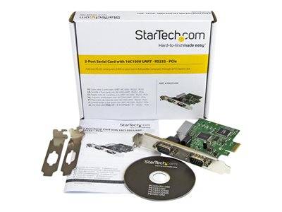 Ein StarTech 2-Port-Serienkarte-Paket enthält die Karte, eine CD, zwei Halterungen und ein Benutzerhandbuch. Box-Slogan: „Schwer zu findende Produkte ganz einfach.