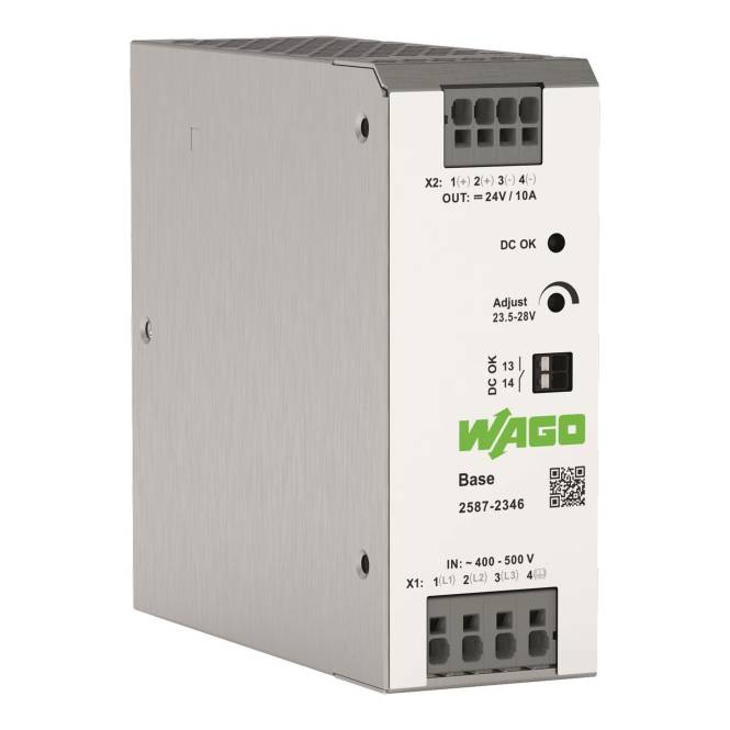 Eine silberfarbene Metallschaltnetzteil von WAGO mit der Modellnummer 2587-2346 zeigt einen Eingangsspannungsbereich von „IN: 400-500 V