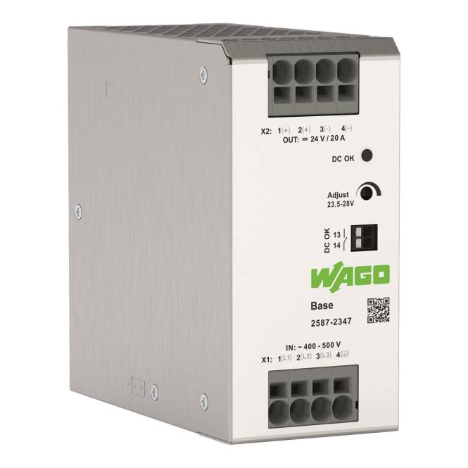 WAGO Base 2567-2347' AC-DC-Stromversorgungsmodul, Eingang: 400-500V, Ausgang: 24V/20A, einstellbare Spannung.