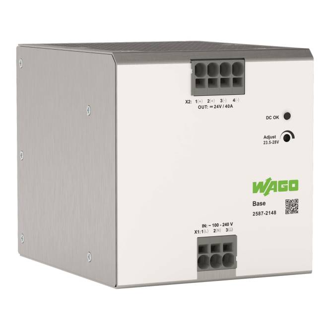 WAGO-Stromversorgungseinheit mit grauem Gehäuse, Eingang 100-240V AC, Ausgang 24V/40A und QR-Code auf der Vorderseite.
