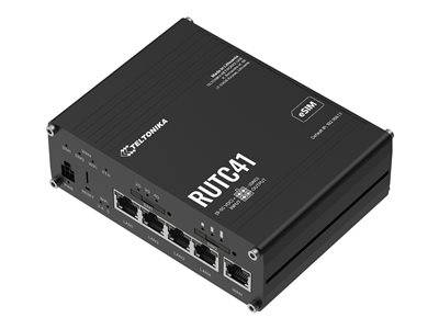 Ein schwarzer Teltonika RUT C41 Router mit fünf LAN-Anschlüssen, aus einem hohen Winkel fotografiert, wobei die Marke und der Modellname auf der Oberseite hervorgehoben werden.