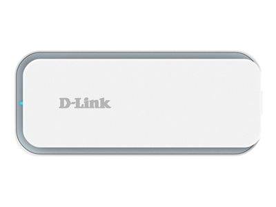 Ein weißes D-Link-Gerät mit grauen Kanten, auf dessen Vorderseite das Logo des Unternehmens prominently dargestellt ist.