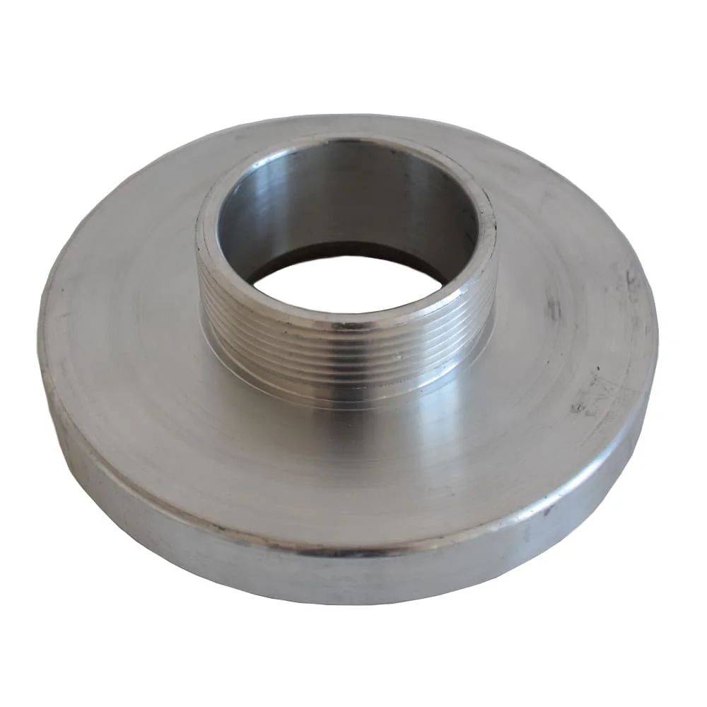 Ein kreisförmiger Metallflansch mit zentralem Gewindeloch, das zum Verbinden von Rohren oder Schläuchen verwendet wird, aus glänzendem Silbermetall.