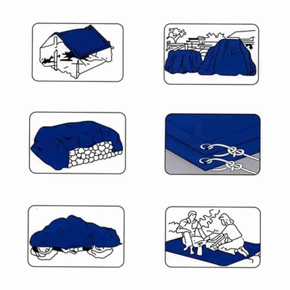Icons zeigen verschiedene Verwendungszwecke für eine Plane: Unterkunftsaufbau, Holzstapelabdeckung, Gegenstandsschutz, Befestigungsmethode, Fahrzeugabdeckung und Picknickdecke.