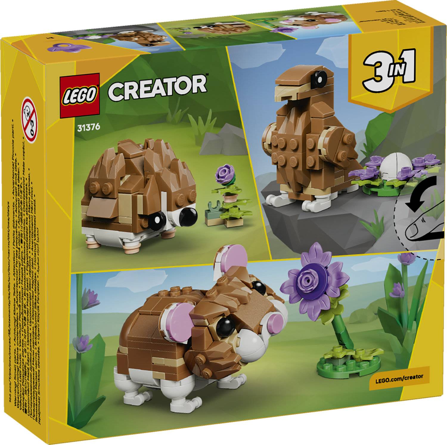 Lego Creator 3-in-1' Spielzeugbox mit Tiermodellen: Ein Biber, eine Eule und ein Hamster inmitten naturthematischer Kulissen.
