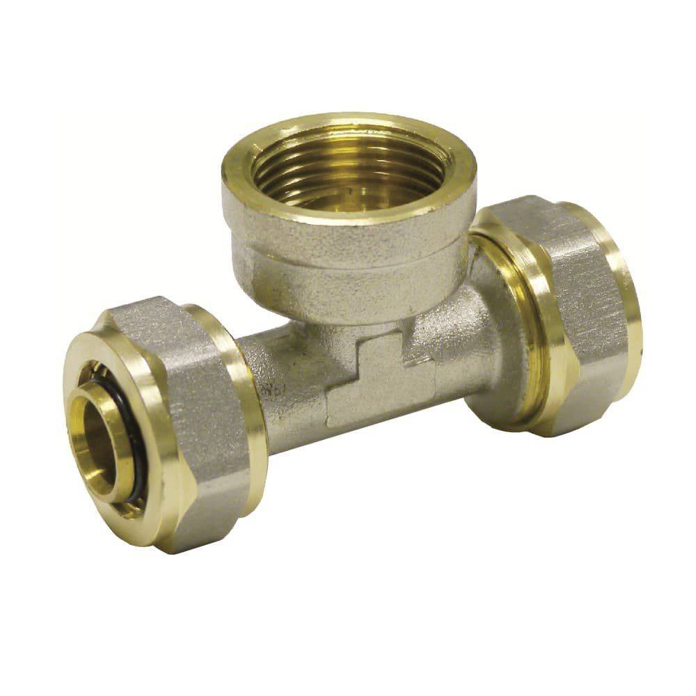 Ein T-förmiges Metallrohrverbindungsstück mit Gewinde an den Enden zum Verbinden von Rohrleitungen, das zum Teilen oder Verbinden des Flüssigkeitsflusses konzipiert ist.