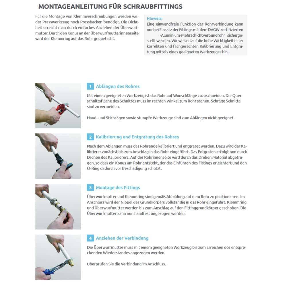 Montageanleitung für Schraubfittings: Anweisungen zur Installation von Schraubfittings mit Bildern für jeden Schritt: Rohrzuschnitt, Kalibrierung, Montage von Fittings und Inspektionstipps.