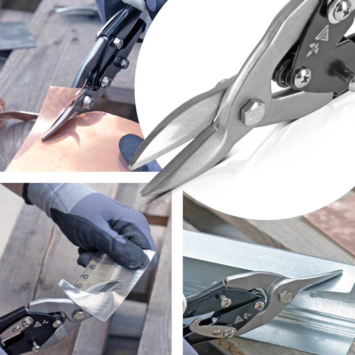 Multifunktionale Flugzeugschere zum Schneiden von Blech, Nahaufnahmen zeigen Werkzeugdetails und Schneidbewegungen auf verschiedenen Materialien.