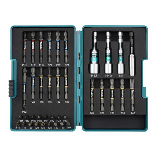 Ein offenes Werkzeugset mit verschiedenen Schraubendreherköpfen und Innensechskantschlüsseln, die in einem Koffer organisiert sind. Beschriftungen geben die Größen an: PH1, PH2, T25, T20, H13.
