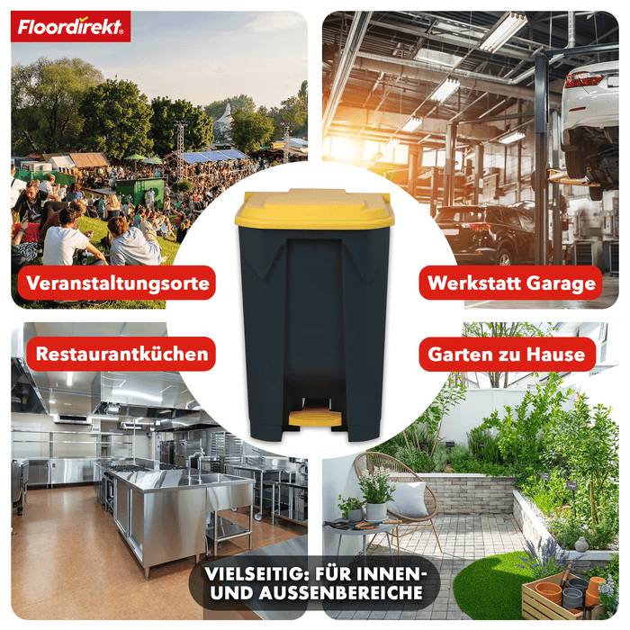 Bild mit verschiedenen Anwendungsfällen für einen schwarzen Mülleimer mit gelbem Deckel: Veranstaltungsorte, Werkstattwerkstätten, Restaurantküchen und Hausgärten.