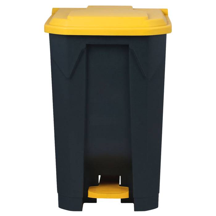 Ein dunkelgrauer Mülleimer mit gelbem Deckel und Fußpedal, konzipiert für hygienische Abfallentsorgung.