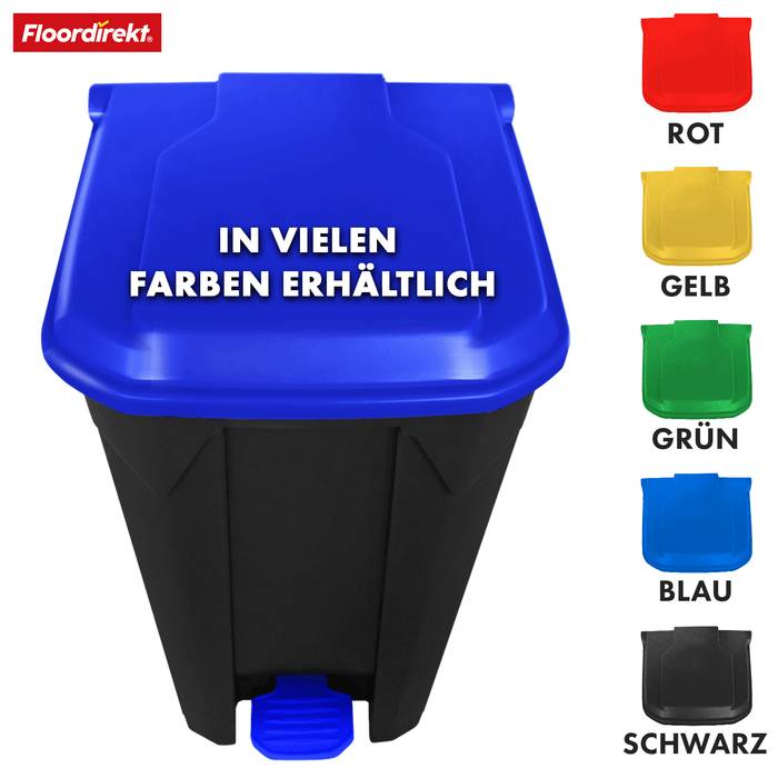 Ein schwarzer Abfallbehälter mit blauem Deckel. Der Text lautet „In vielen Farben erhältlich