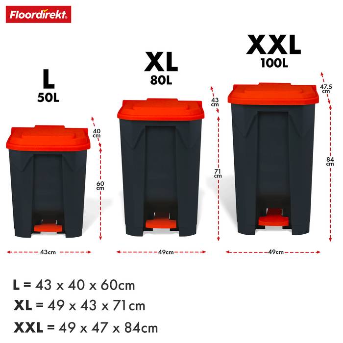 Drei schwarze und rote Mülltonnen mit Fassungsvermögen: L - 50L, XL - 80L, XXL - 100L. Größen unter jedem Behälter aufgelistet. Floordirekt-Logo oben links.