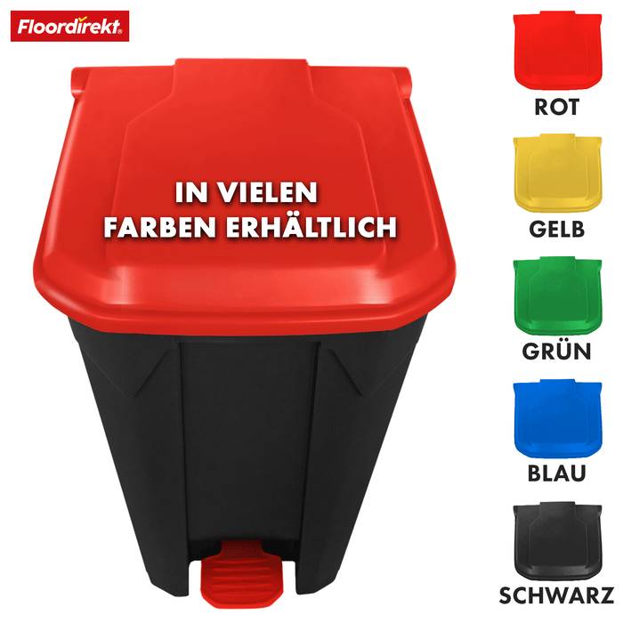 Ein schwarzer Behälter mit rotem Deckel und Fußpedal. Der Text lautet „IN VIELEN FARBEN ERHÄLTLICH