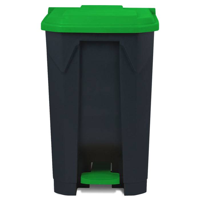 Ein dunkelgrüner und schwarzer Mülleimer mit Pedal, von vorne dargestellt.