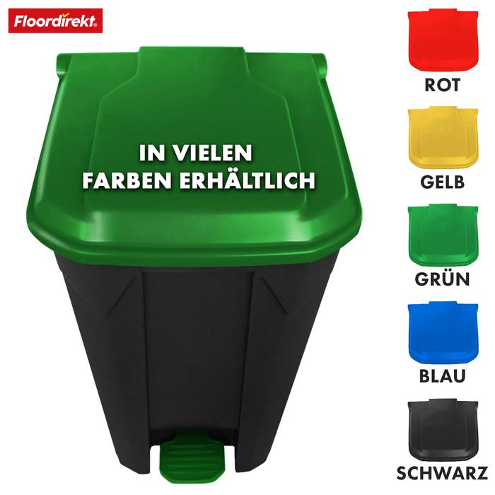 Mülleimer mit grünem Deckel mit der Aufschrift „IN VIELEN FARBEN ERHÄLTLICH