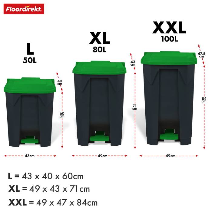 Drei schwarze Abfallbehälter mit grünen Deckeln sind nach Größe gekennzeichnet: „L