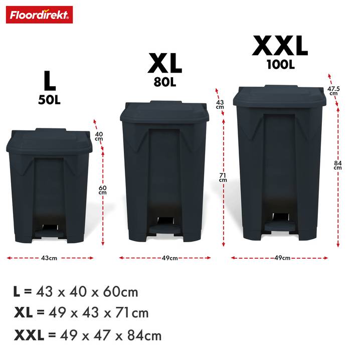Drei schwarze Mülltonnen mit den Bezeichnungen L, XL und XXL mit Fassungsvermögen von 50L, 80L und 100L. Dimensionale und Höhendetails werden angezeigt.