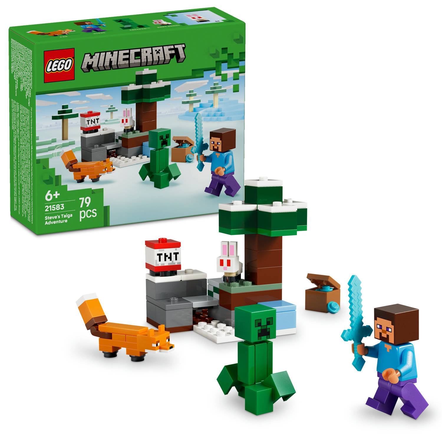 LEGO Minecraft Set mit Figuren, einem Baum, einer TNT-Box und einem Fuchs. Die Schachtel zeigt ein Modell, das mit 79 Teilen für Kinder ab 6 Jahren gebaut wurde.