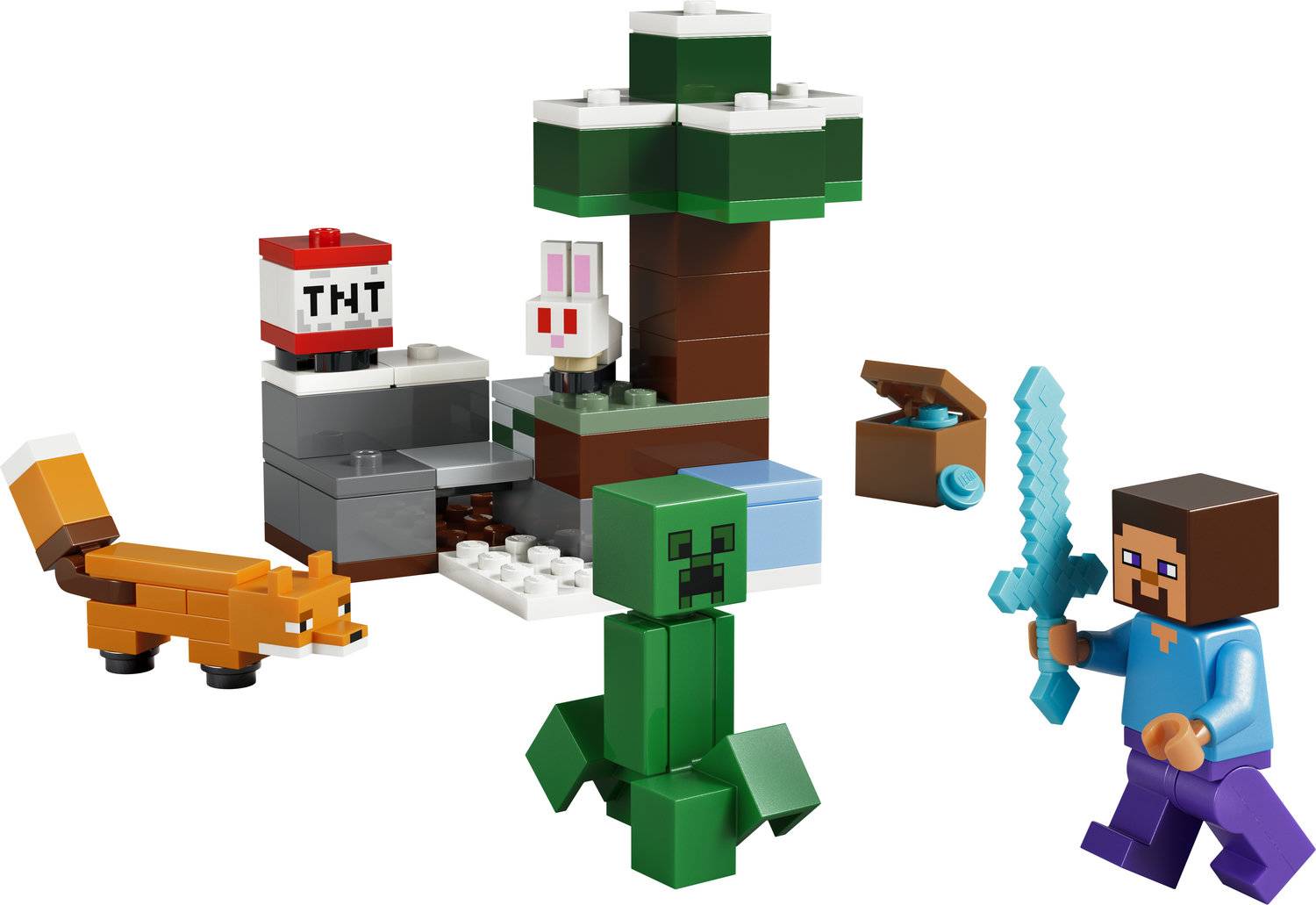 Ein Minecraft-inspiriertes LEGO-Set mit einem Creeper, einem Baum, einem Kaninchen, einem Fuchs, einem TNT-Block, einer offenen Kiste mit einem Trank und einem Schwert.