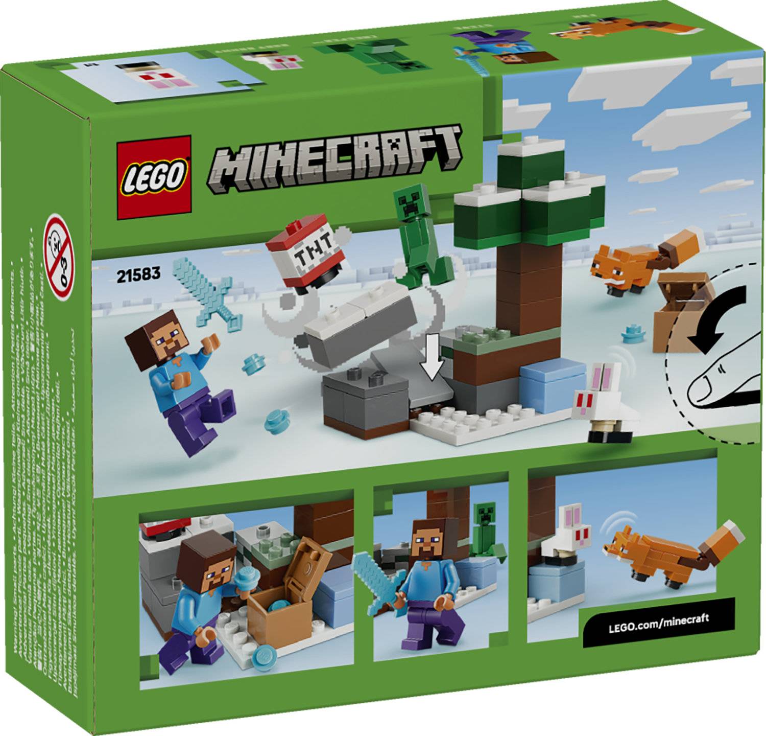 LEGO Minecraft-Set mit einer Figur, einem TNT-Block und einem Baum. Die vorherrschenden Farben sind Grün und Braun mit schneebedeckten Details.