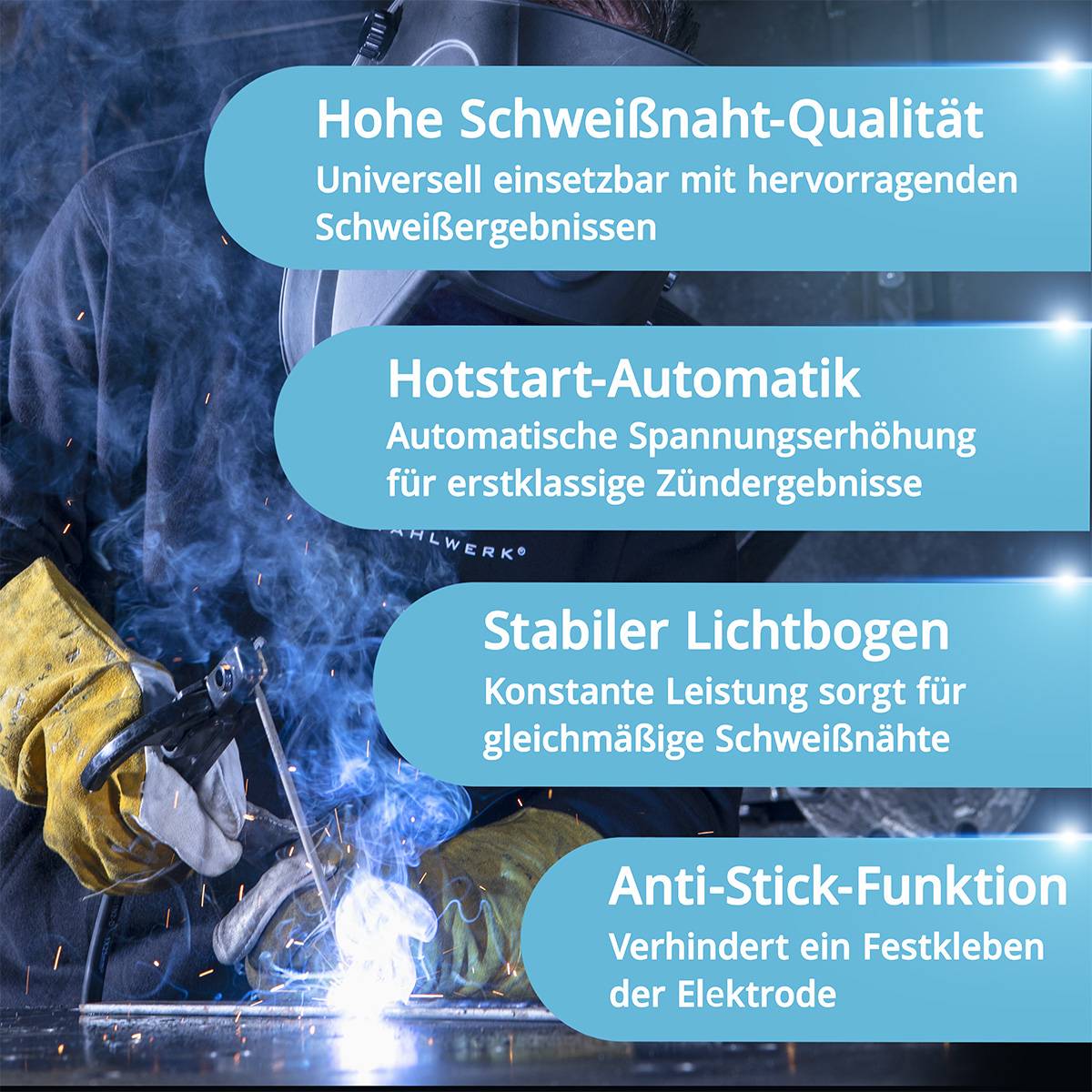 Person schweißt Metallstück; Überlagerte Text bewirbt Funktionen: hochwertige Schweißnähte, Heißstart-Automatik, stabiler Lichtbogen, Anti-Haft-Funktion.