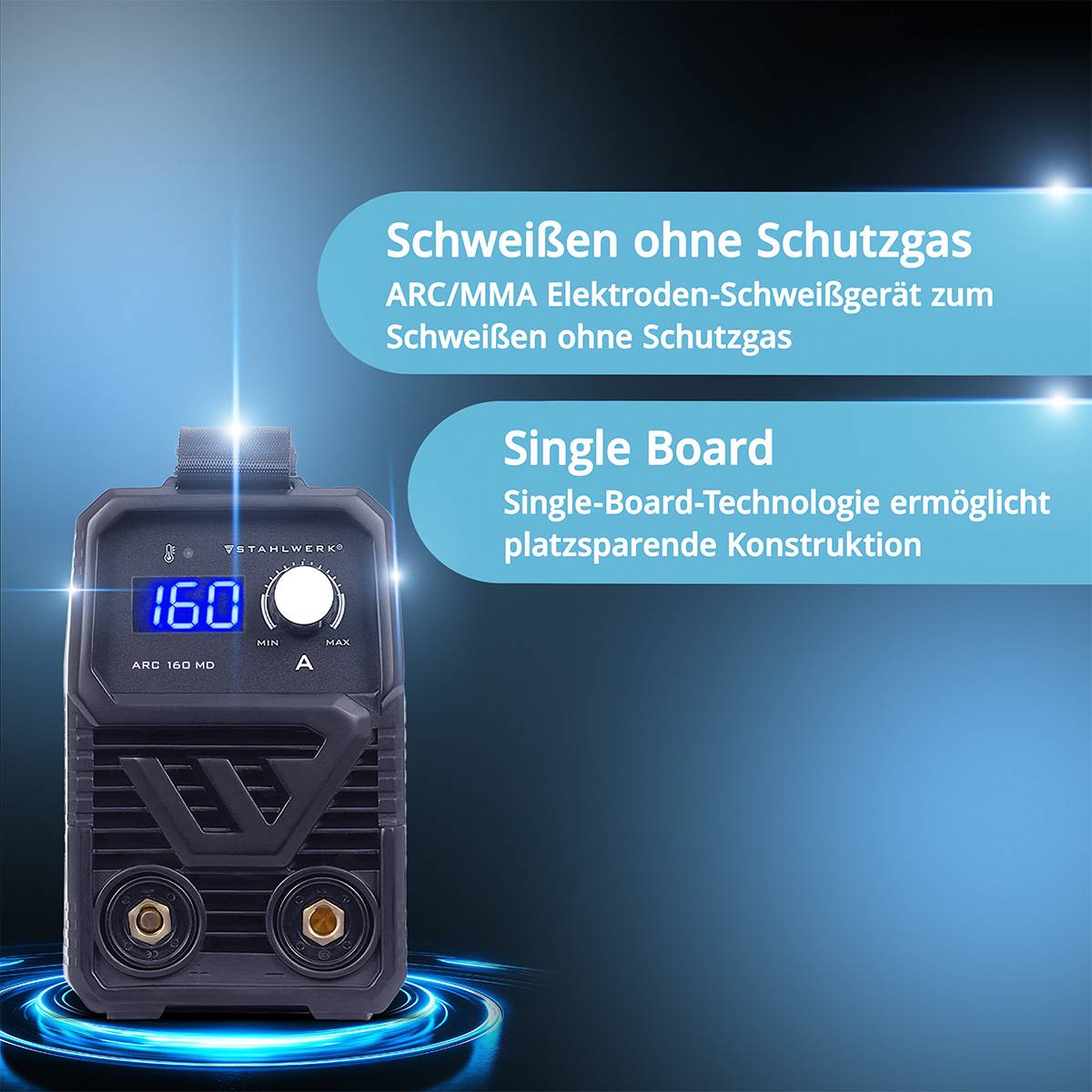 ARC 160 MD' Schweißmaschine mit Bedienknopf und Anzeige. Blauer Hintergrund mit Text: 'Schweißen ohne Schutzgas' und 'Single Board'.