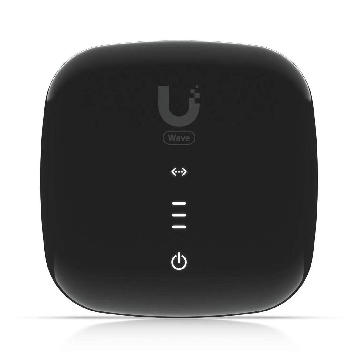 Ein schwarzes Routergerät mit Ubiquiti-Logo, drei vertikale Anzeigeleuchtend und einem Stromanschalter unten, der den Verbindungsstatus anzeigt.